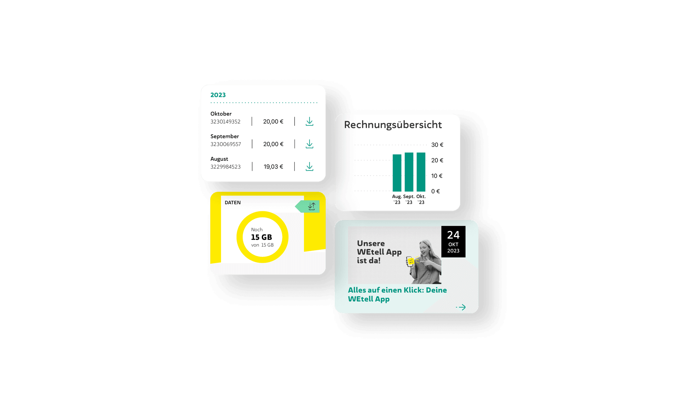 Weitere Screendesigns zeigen eine Übersicht und Transparenz über deine Kosten, eine Rechnungsübersicht mit Balkendiagrammen, eine klare Verbrauchsübersicht und eine Blogübersicht eines Beitrages.