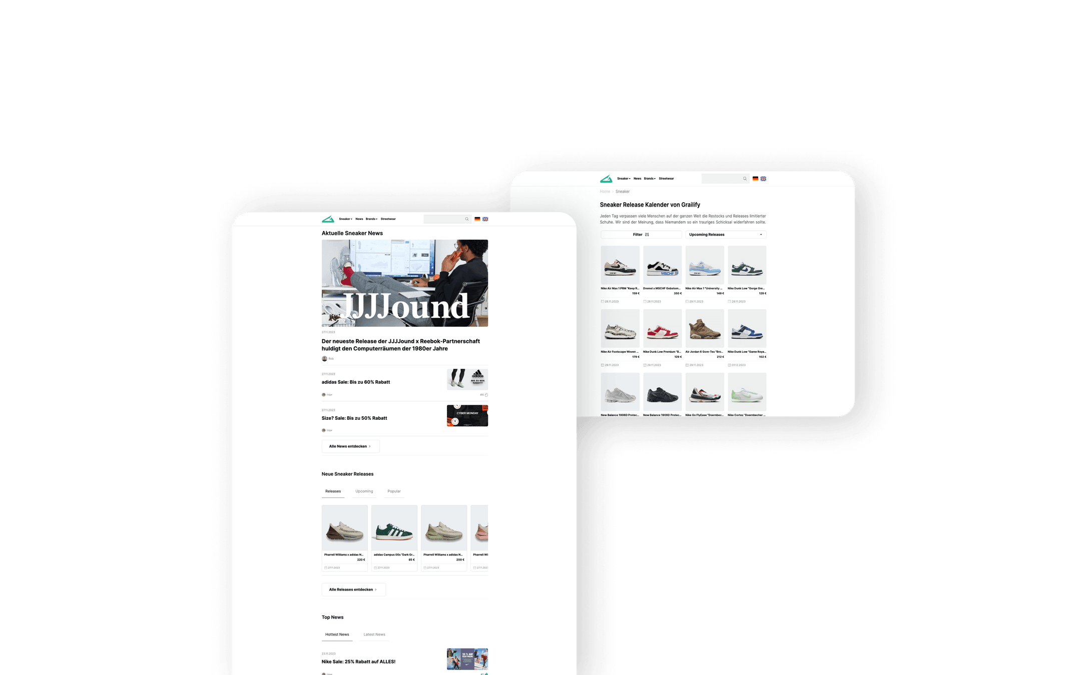 Der darauffolgende Abschnitt zeigt die Benutzeroberfläche der Sneaker-News-Website mit Artikel wie z.B. Reebok und ein zweiter Screen präsentiert einen Release Kalender, um keinen Release zu verpassen.