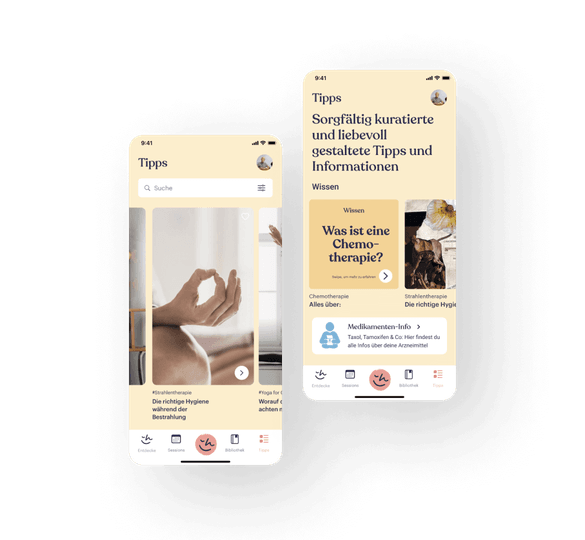 Im Folgenden werden mehrere Benutzeroberflächen der Happie Haus App präsentiert. Zwei Screens stellen Chemotherapie Tipps und Artikel zur Krebsbehandlung dar.