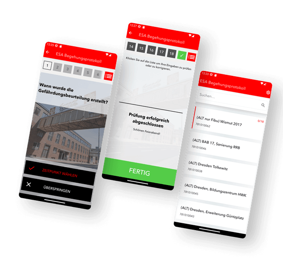 Im ersten Abschnitt werden drei Screens der Eiffage Sicherheits-App präsentiert. Zwei Screens zeigen ein Formular einer Baustellen Gefährdungsbeurteilung, für mehr Arbeitssicherheit sowie eine Erfolgsmeldung nach Abschluss einer Sicherheitsprüfung auf der Baustelle. Ein weiterer Screen der App zeigt eine durchsuchbare Liste von Projekten zur schnellen Navigation und Dokumentation.