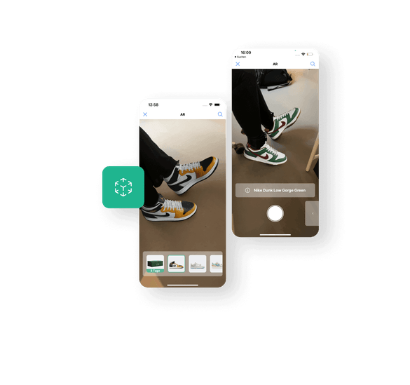 Virtuell anprobieren & perfekt finden! Mit unserer AR-Funktion können Kunden die Sneaker virtuell anprobieren und so die perfekte Passform finden. Die Screens dazu demonstrieren die virtuelle Anprobe-Technologie.