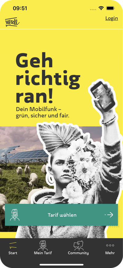 Abbildung der Startseite der WEtell-App, die für klimapositive Mobilfunktarife wirbt und zum Engagement in einer nachhaltigen Community einlädt.