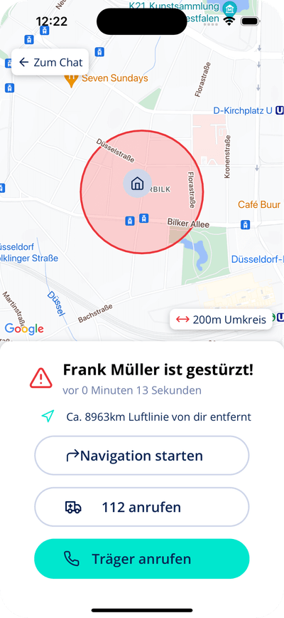 Es liegt ein Screendesign der Caera App vor, die eine Sturzbenachrichtigung mit Optionen zur Navigation, Alarmierung der Rettungsdienste und Kontaktaufnahme visualisiert.