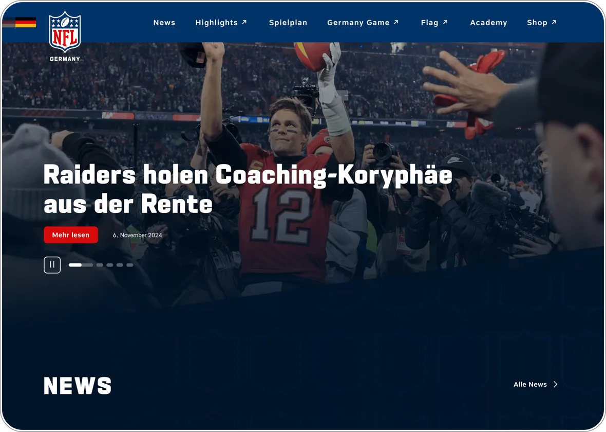 Startseite der NFL-Germany-Plattform mit prominentem News-Artikel und weiteren aktuellen Beiträgen