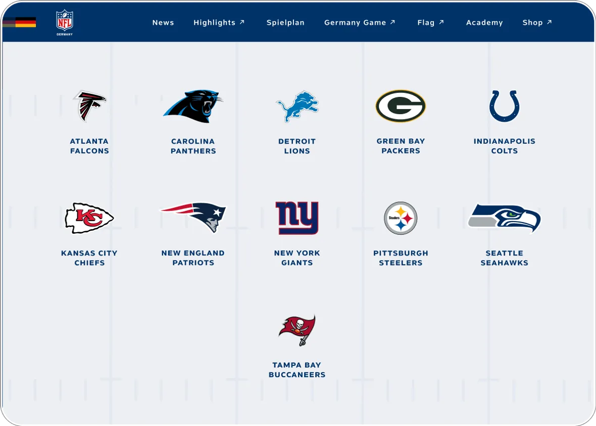 Übersicht der NFL-Teams auf der NFL-Germany-Plattform mit Logos, Teamnamen und Verlinkung der Teamseite