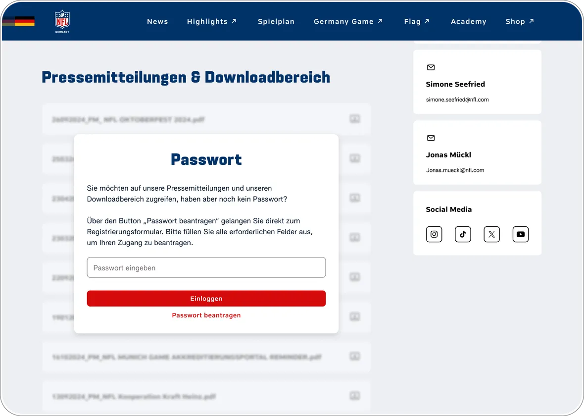 Pressebereich der NFL-Germany-Plattform mit Downloadbereich und passwortgeschütztem Zugang